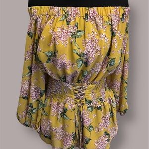 NWT Entro Mustard Yellow Floral Off-Shoulder Boho Blouse Corset Front Size S